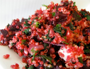 A pile of beetroot and feta quinoa salad