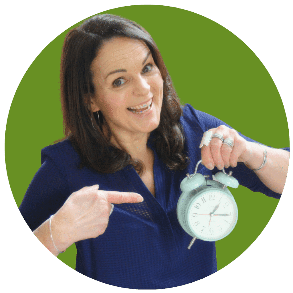 Natasha in a green circle pointing to an alarm clock